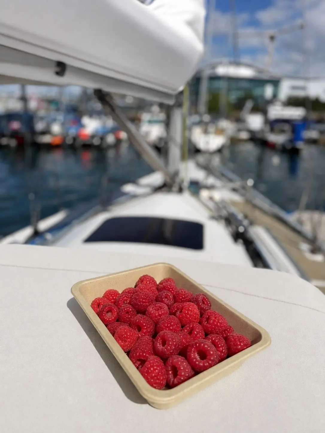 Formed fibre produce tray holding raspberries